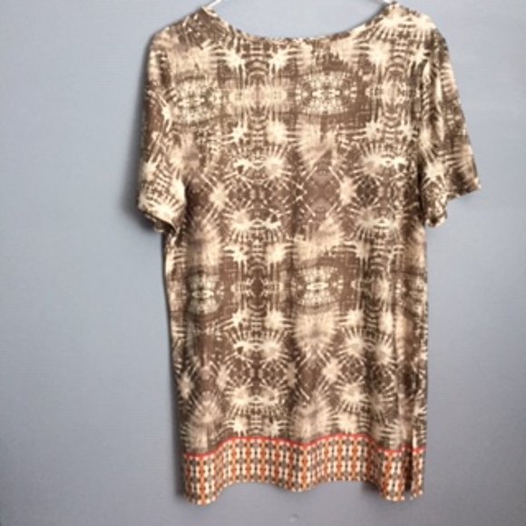 MANDY EVANS WOMEN'S BLOUSE.  SIZE L.  TAN, BEIGE AND ORANGE - Picture 2 of 4